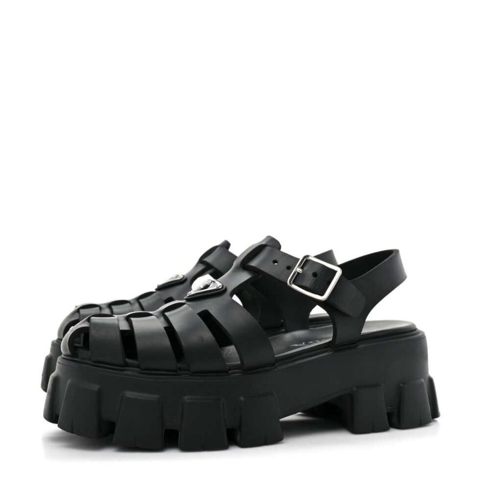 Prada Monolith Platform Sandals Black Strappy Cage Vamp Foam Rubber Sz 38